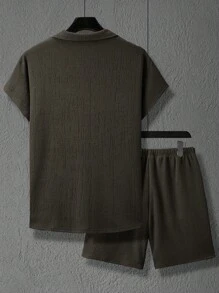 Manfinity Homme Men's Casual Textured Solid Color Short Sleeve Shirt And Shorts Set, Summer Men Short Sets Men Shirt Co Ords