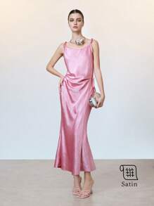 Arave Elegant French Casual Wrinkle Satin Bowknot Waist Slim Fit Mid-Calf Party Dress For Women, Spring/Summer - Pink - View 1