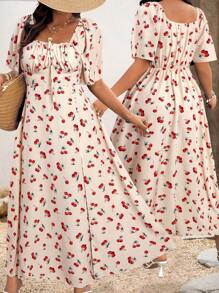 SHEIN Clasi Plus Size Cherry Print Pattern Sleeveless V-Neck Tie Front Ruched Back Gathered Waist Asymmetric Hem Dress, Cute For Casual, Dating, Vacation - Multicolor - View 6