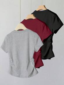 SHEIN Explorewe 3pcs Tween Girls Casual Versatile Black Bow Front Print Short Sleeve Gathered Waist T-Shirt Set, School, Campus, College Summer Holiday