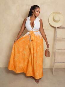 BamGleam Ärmelloses Mini-Kleid mit durchgehendem Muster und Gürtel, sexy Sommer