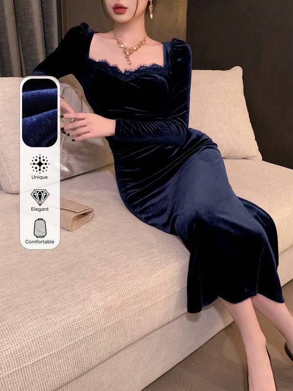 DAZY Women's Solid Color Contrast Lace Sweetheart Neck Long Sleeve Dress, Back To School/Formal Attire Women Casual Dress Women Dresses Birthday Women Plus Clothing Business Casual Women Plus Sun Dress Luxury Dress For Women