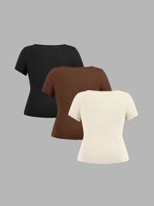 SHEIN EZwear 3pcs/Set Crew Neck Short Sleeve Cropped Casual T-Shirt Pullover, Suitable For Summer, Plus Size Suitable For Going Out
