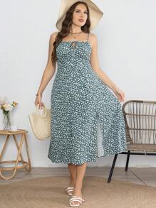 SHEIN Holidaya Plus Size Women's Woven Ditsy Floral Strap Dress With Bowknot Tie, Regular Fit, Spring/Summer - Green - View 3