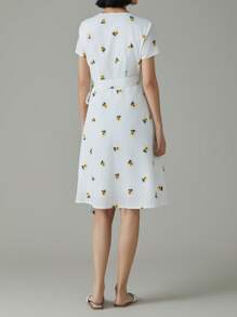 EMERY ROSE 女士花卉印花交叉 V 领短袖侧结中长连衣裙