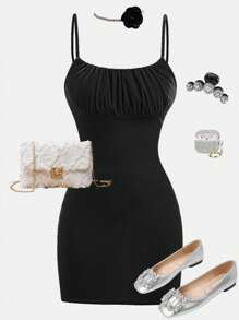 Girlism 少女黑色天鹅绒褶皱吊带背心迷你紧身连衣裙，休闲派对俱乐部服装，适合节日和庆典