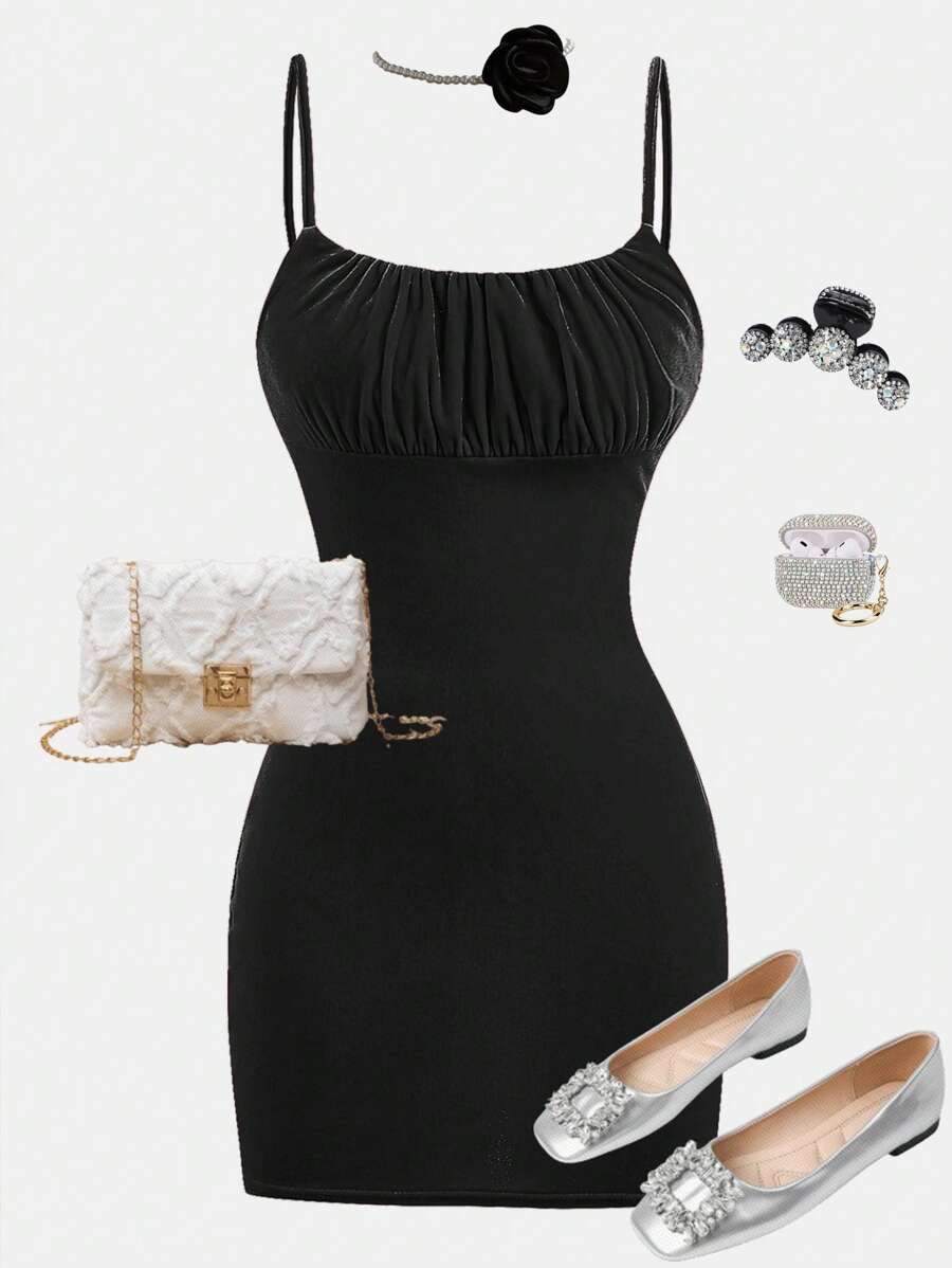 Girlism 少女黑色天鹅绒褶皱吊带背心迷你紧身连衣裙，休闲派对俱乐部服装，适合节日和庆典