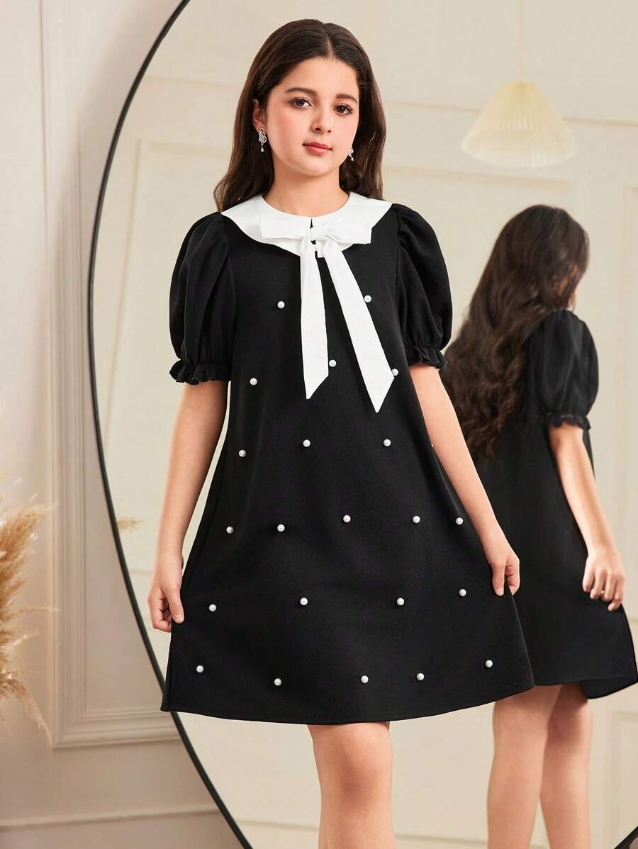 SHEIN Tween Girl Casual Peter Pan Collar Colorblock Black & White Beaded Bow Decor Ruffle Hem Short Sleeve A-Line Dress, Spring/Summer - Black - View 1