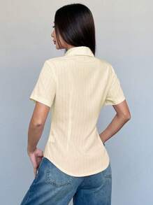 Flirla Figurbetontes, minimalistisches rosa gestreiftes Büro-Lässig-Kurzarm-Oberteil für Damen