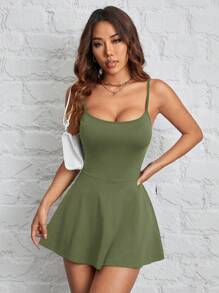 SHEIN PETITE Women's Sling A Hem Solid Color Pocketable Sports And Leisure Daily Anti-Exposure One-Piece Culottes - Army Green - View 3