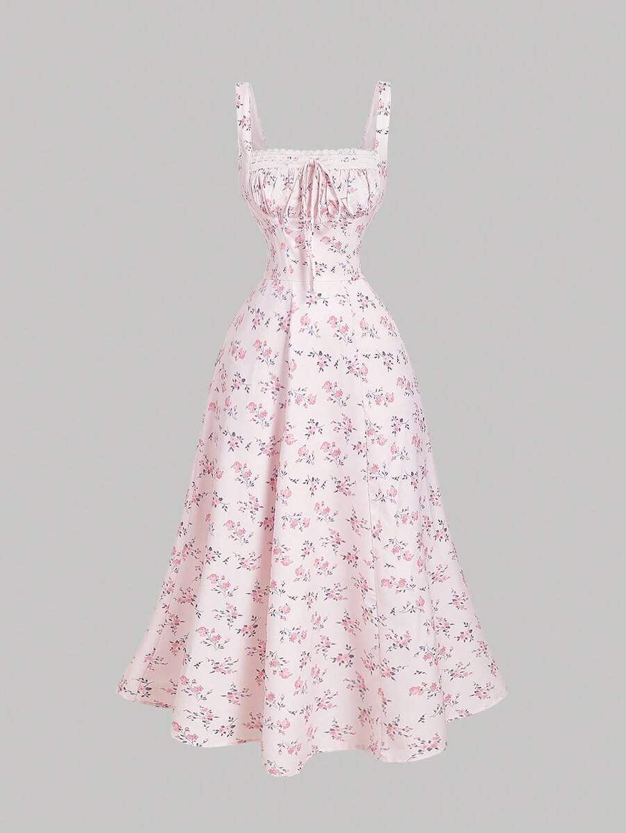 SHEIN MOD Váy hoa cổ vuông ren phía trước xếp nếp phía sau, váy dự tiệc, váy ăn trưa, váy đi nghỉ, váy tiệc, váy ngày lễ tình nhân, váy năm mới, trang phục đi nghỉ ở bãi biển - Màu Hồng baby - Xem 1
