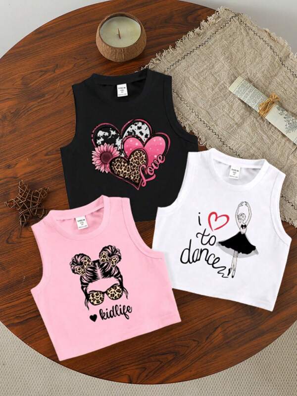 GraphicGems 3pcs Young Girl Cute Casual Heart & Character Printed Tank Top