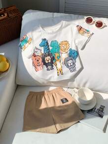 SHEIN Leap Crew 2 pièces/Set Débardeur maillots T et shorts pour bébés garçons/filles, style décontracté mignon avec imprimé animal au crayon, col rond, épaules tombantes, tricot ample. 2 pièces, tenue appropriée pour le printemps et l'été, pour porter à l'intérieur et à l'extérieur - Kaki - Voir 1