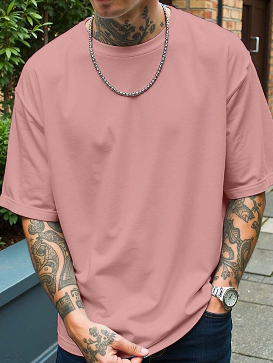 Manfinity LEGND 大码男士休闲纯色圆领短袖 T 恤，夏季 - 粉色 - 查看 1