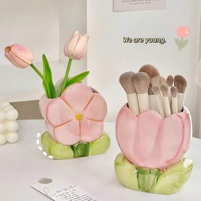 1 pieza Tulipán Soporte de cerámica para bolígrafos, Organizador de brochas de maquillaje, Decoración de escritorio de cerámica, Caja de almacenamiento para escritorio de oficina, Barril de almacenamiento de papelería, Organizador de cosméticos, Decoración de salón de belleza