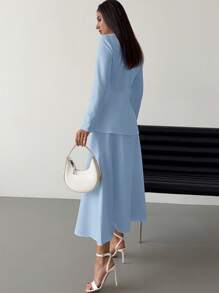 Firerie Elegant Minimalist Women 2Pcs Set: Long Sleeve Pleated Waist Blouse & High Waist A-Line Skirt, Suitable For Commuting & Dating, Autumn/Winter