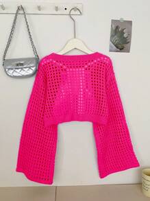 Tween Girls' Plain Crew Neck Dropped Shoulder Long Sleeve Loose Knitted Sweater - Hot Pink - View 2