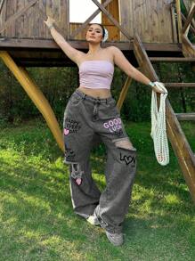 SHEIN MOD Quần Jeans Ống Thẳng Rách Rộng Cỡ Lớn, Màu Xanh - Xám - Xem 4