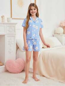 2pcs Tween Girl Girls Minimalist Star & Print Short Sleeve Top And Shorts Casual Home Outfit,Summer Travel - Blue - View 4