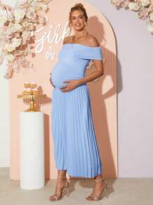 Loomaby Maternity Elegant Solid Color Off Shoulder Ruched Hem Dress,Gender Reveal Dress,Baby Shower Dress,Maternity Dress
