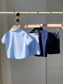 4pcs/Set Baby Boy Summer Blue Colorblock Animal Print Knit Soft Collar Short Sleeve Shirt & Elastic Waist Shorts Outfit, Suitable For Vacation, Daily, School - Multicolor - View 2