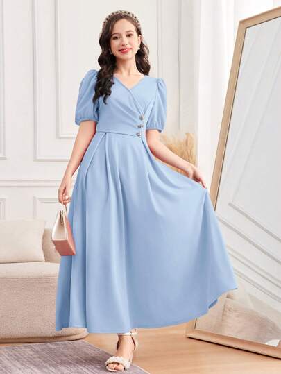 SHEIN 少女春夏、新年、情人节 干净女孩/迷人蓝色假日优雅长袖仿珍珠纽扣装饰 A 字中长连衣裙、公主裙，适合婚礼季节、复古、海滩、大海、优雅