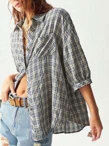 Bohemela Casual Woven Plaid Short Sleeve Loose Fit Blouse For Women