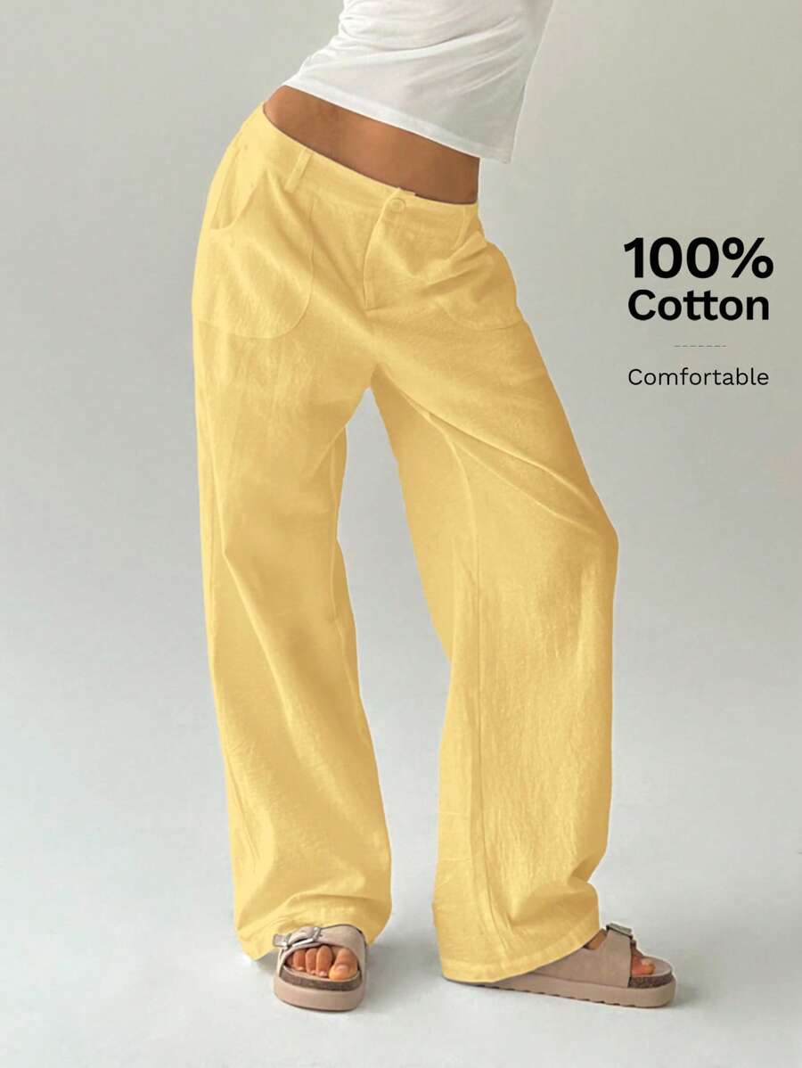 SHEIN EZwear 黄色休闲大码女式直筒宽松西装裤，带口袋，秋冬商务休闲女装 - 黃色 - 查看 1