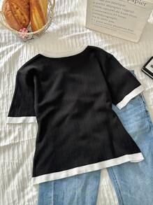 Comfortcana Plus Size Women Crew Neck Short Sleeve Button Design Casual Knit Top Winter Fall Autumn