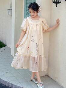 DAZY 少女碎花方领短袖连衣裙，夏季返校季度假装 - 白色 - 查看 1