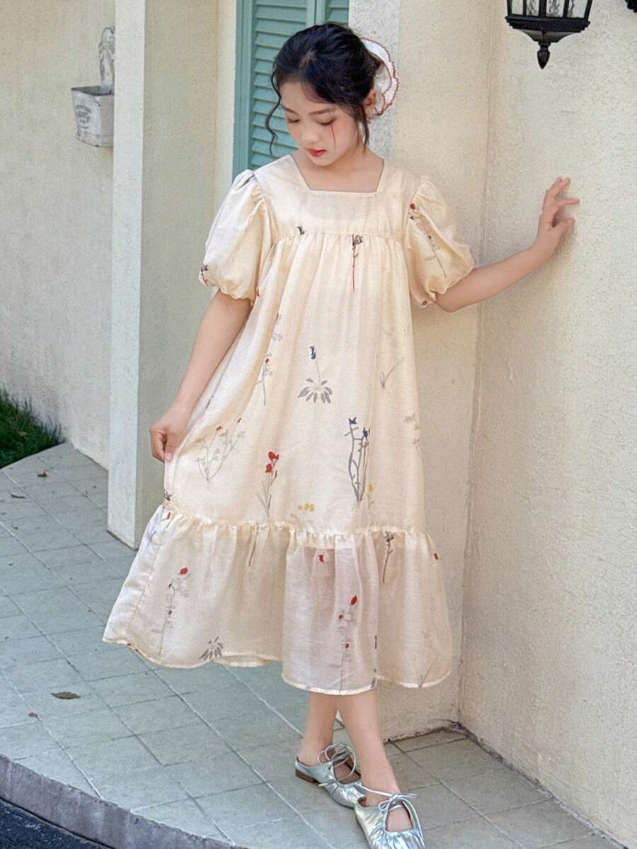 DAZY 少女碎花方领短袖连衣裙，夏季返校季度假装 - 白色 - 查看 1