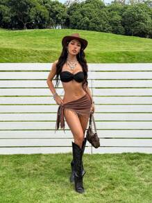 SHEIN EZwear 女式西式前结下摆撞色蕾丝嵌件短款吊带背心