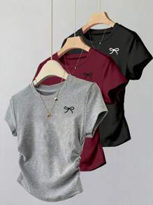 SHEIN Explorewe 3pcs Tween Girls Casual Versatile Black Bow Front Print Short Sleeve Gathered Waist T-Shirt Set, School, Campus, College Summer Holiday