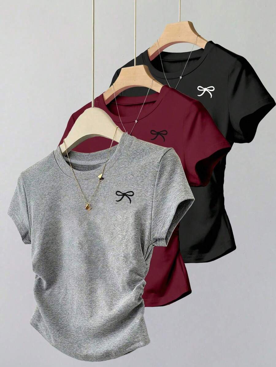 SHEIN Explorewe 3pcs Tween Girls Casual Versatile Black Bow Front Print Short Sleeve Gathered Waist T-Shirt Set, School, Campus, College Summer Holiday