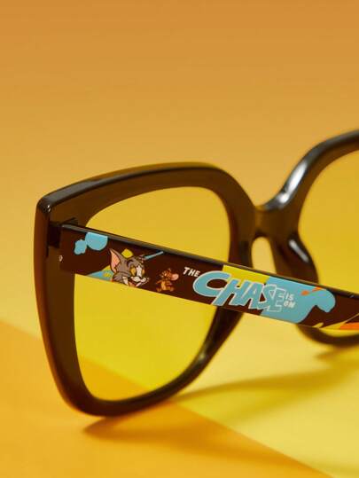TOM & JERRY X SHEIN Vintage Large Frame Letter And Cartoon Pattern Fashionable Eyeglasses