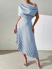 Chiquease Women's Summer Elegant Green Open Shoulder Dress With Pleated Panel Maxi Satin Women Outfit - Baby Blue - View 4