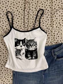 Attitoon 3pcs Women's Casual Versatile Solid Color Tank Top With Cat, Music, And Western Pattern Prints, Suitable For Summer,Rave Top Back To School