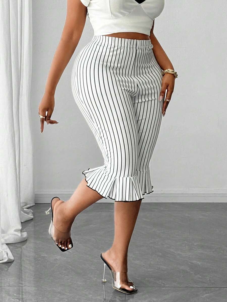 SHEIN Elenzya Plus Size Women Elastic Waist Striped Ruffle Hem Capri Pants - White - View 1