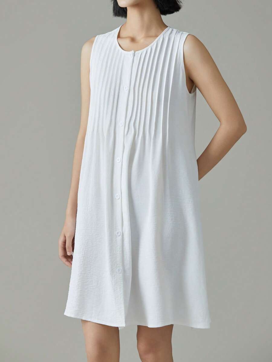EMERY ROSE Women's Solid Color Round Neck Pleated Single-Breasted Sleeveless Casual Mini Dress - White - View 1