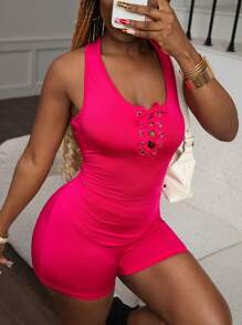 INAWLY Solva Damen einfarbiger ärmelloser Jumpsuit, schlicht und modisch für den Sommer - Heißes Pink - Übersicht 5