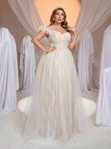 Glamrae Plus Size Romantic Elegant Champagne Open Shoulder Lace Patchwork Netting A-Line Wedding Dress With Detachable Train, Bride - White - View 7