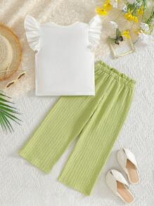 2pcs Girls Sweet Cute Butterfly Print Cap Sleeve Top Tee + Bowknot Ruffles Patterned Pants Set, Fashionable Casual Outfit Suitable For Vacation, Travel, Holiday Party, Summer Summer Holiday