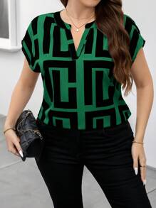 SHEIN Clasi 加大码女式优雅几何印花衬衫，适合专业人士和教师 - 墨綠色 - 查看 3