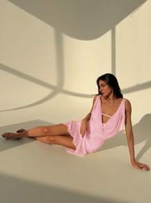 Aloruh Romantic Date Deep Draped Neck Ruched High Slit Backless Asymmetrical Dress For Women - Baby Pink - View 7