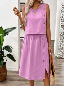 EMERY ROSE 2 stuks/set dames effen knoopontwerp mouwloze blouse en minirokset
