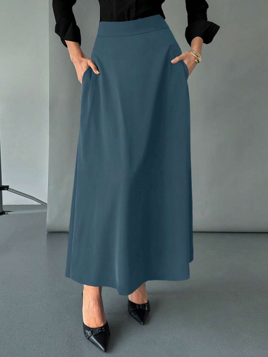 Siren Gaze Elegant Commuting Minimalist Solid Color Skirt Business Casual Woman Winter - Blue - View 1