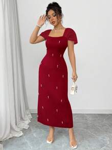 Elenzga Women's Elegant Midi-Length Pearl Embellished Dress, Spring/Summer - Burgundy - View 5