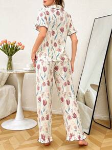 CottageSlumber Romantic Floral Print Chiffon Ruffle Collar Single Breasted Short Sleeve Top & Pants Pajama Set For Women, Spring/Summer - Multicolor - View 2