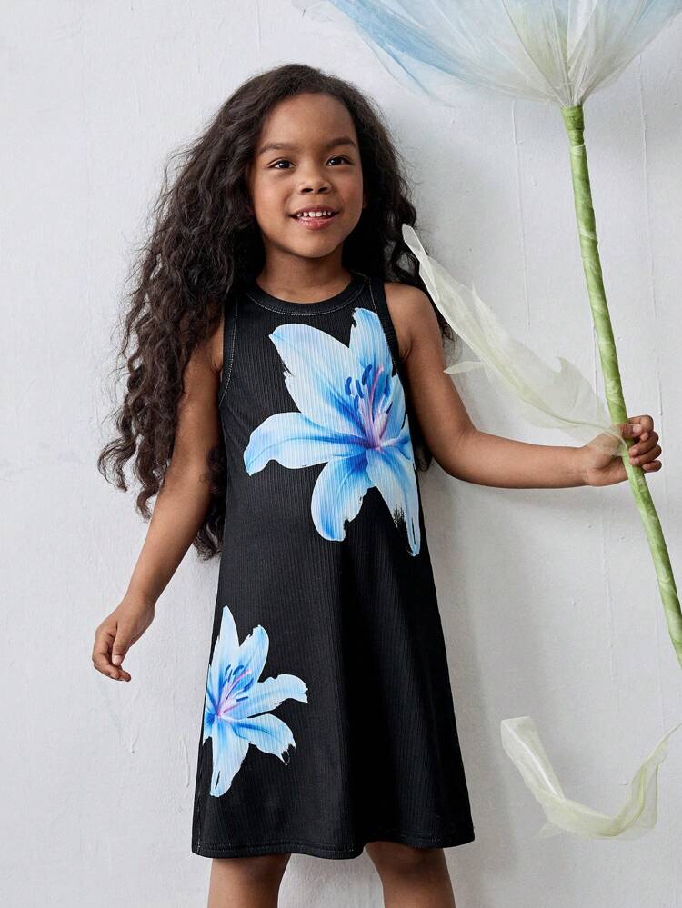 Young Girl Fitted Floral Print Casual Dress
