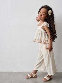 Maija Kids Maija Kids Set de 2 piezas para niña con top sin mangas holgado con volantes y pantalones anchos de 7/8 de largo, outfit informal de unicolor con bordado en el bajo para vacaciones, primavera/verano
